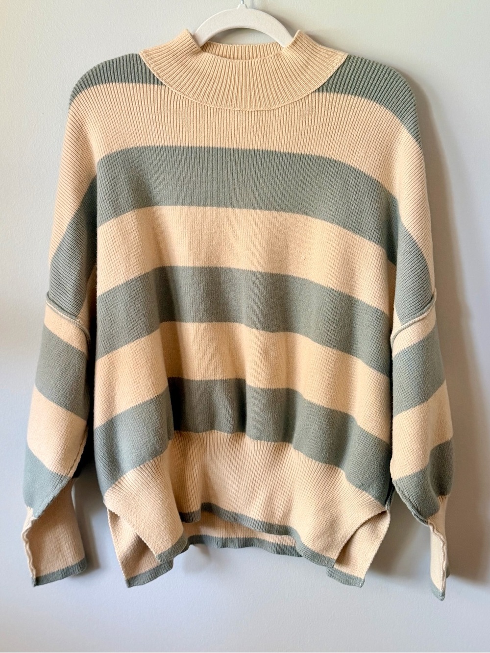 Altar’d State Sage Cream Striped Oversized Mock Neck Sweater S